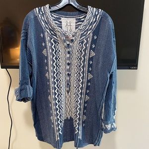 Johnny Was Long Sleeve Blue and White Embroidered Blouse